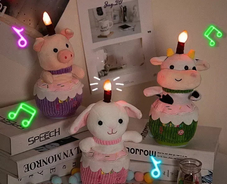 Cerdo de peluche de vaca de feliz cumpleaños personalizado, juguete eléctrico de felpa con luz, conejo, pastel, baile Musical, cantar