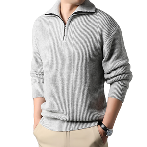 Pull en tricot épais pour homme, couleur unie, décontracté, coupe classique, col montant, manches longues, fermeture éclair quart de tour, pour un usage quotidien - Product Image 1