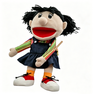 Marioneta personalizada con camisa a rayas arcoíris, marioneta con zapatillas rojas, marioneta de niña con coletas negras, marioneta de niña con vestido de mezclilla - Product Image 2