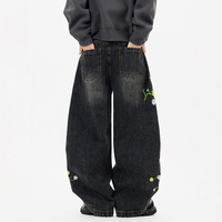 Pantalons en jean à jambe large et ample pour hommes et femmes, tendance, marque rétro, broderie de plantes et de fleurs, coupe incurvée