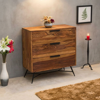 Commode antique en chêne massif de style mid-century modern avec 3 tiroirs et acier inoxydable pour chambre à coucher