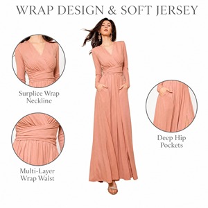 Abito lungo avvolgente rosa antico da <span class=keywords><strong>donna</strong></span> con scollo a V profondo, maniche lunghe, tasche laterali, fluido, per serate, feste, matrimoni, vendita diretta dalla fabbrica, personalizzabile - Product Image 2