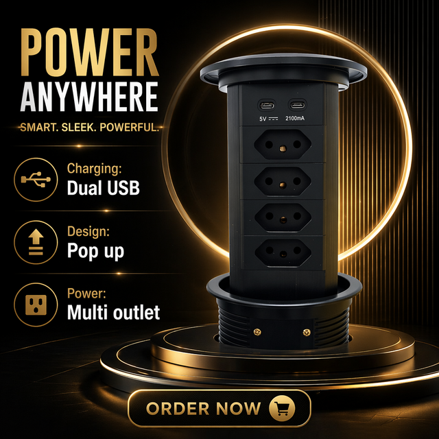 LEGA Brazil pop up Socket Black Waterproof Tabletop Socket 4 AC Outlets 2 USB 2 USB C Ports Motorized Automatic Lifting