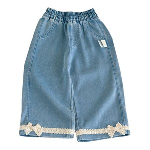TongXingYuan Girls Jeans Sky Blue Cotton <b>Elastic</b> Waist <b>Lace</b> Trim Summer Casual Pants Children's Wear - Product Image 5