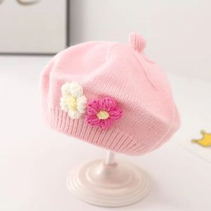 Béret tricoté pour bébé fille, en coton respirant, rayé, avec un joli motif de petite fleur, bonnet d'hiver pour enfants - Product Image 4