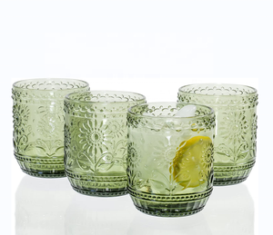 Ensemble de 4 verres à boire Vintage de 4 pouces 12 oz, verrerie verte décorative luxueuse en relief Floral, - Product Image 1