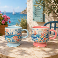 Mug à café en céramique 330 ml avec logo personnalisé OEM, motif floral tropical et imprimé oiseau, tasse à pied en gros pour café, cadeau, décoration intérieure