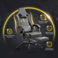 Chaise de jeu robuste avec support de 150 kg, coussin à ressorts ensachés, dossier haut massant et repose-pieds