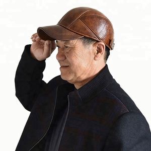 High Quality Winter Vintage <b>Top</b> Genuine Leather Hat Cap Men Baseball Cap With Earflap - Product Image 6