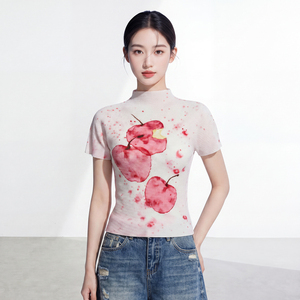 <b>Women's</b> Casual Short Sleeve Loose Fit Knitted Chiffon With Cherry Print <b>Top</b> Eco-Friendly Vintage Breathable Slim Fit All seasons - Product Image 1