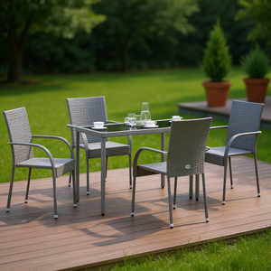Conjunto de comedor de patio de ratán gris con estructura y brazos de acero para uso en exteriores - Product Image 2