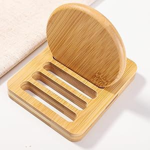 Juego de posavasos de bambú, 4 piezas, redondos, de madera maciza, con aislamiento térmico y soporte de almacenamiento para té y bebidas - Product Image 2