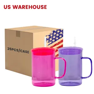 Wholesale Bulk 15oz 15 Oz Colored Beer Cup 15 Ounce Blank Sublimation Glass Coffee Mug With Color Handle And Color Plastic Lids