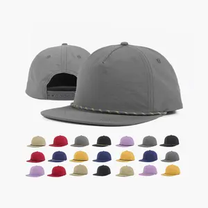 Topi snapback nilon 5 panel kualitas tinggi topi camper bill datar logo kustom dengan tali