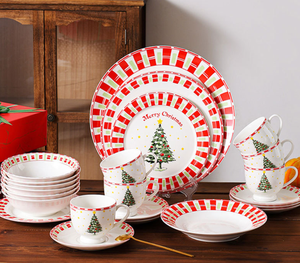 Wholesale Custom Merry Christmas Tree Ceramic <b>Dinnerware</b> <b>Set</b>, Festive Porcelain Tableware <b>for</b> Xmas Party, Free Design Available - Product Image 1