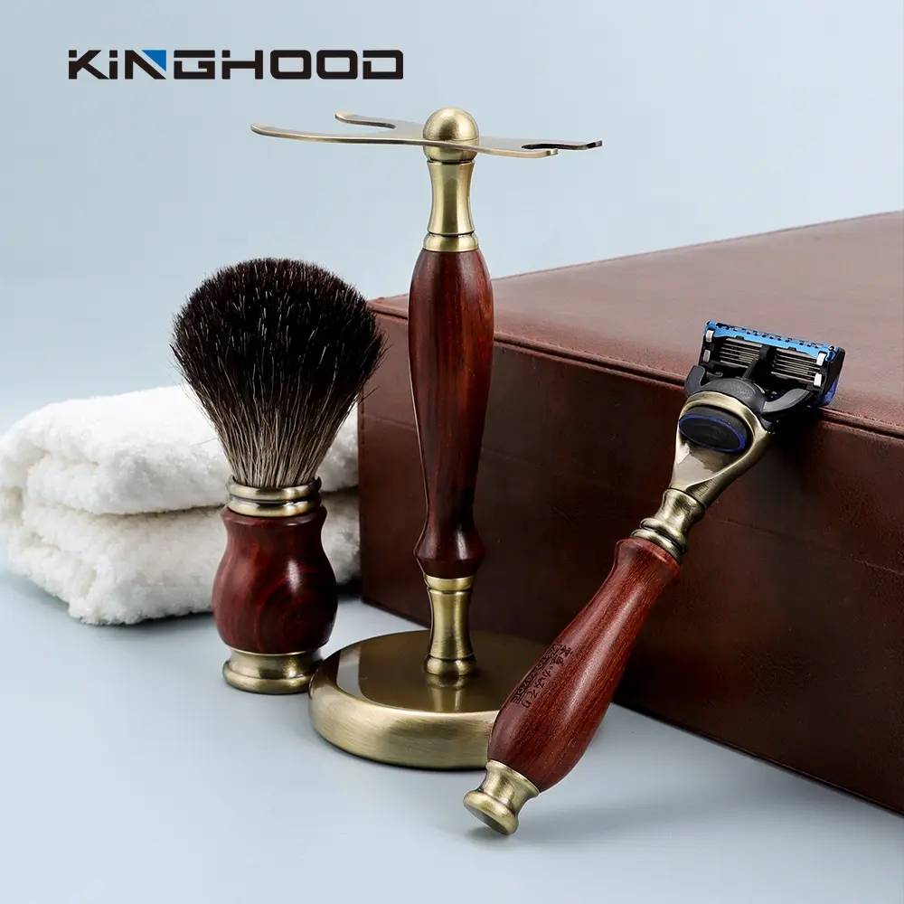 Private Label Men Gift Set Luxury Manual Hair Beard Wood Handle Shaving Set With Brush