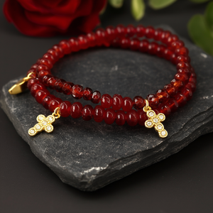 Fashion <b>Beaded</b> <b>Bracelet</b> Red Agate Gold Cross Charm Stretchable Jewelry For Women And <b>Men</b> - Product Image 3