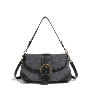Denim <b>patchwork</b> shoulder <b>bag</b> metal buckle retro casual - Product Image 2