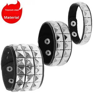 Vòng tay cặp đôi phong cách <span class=keywords><strong>Punk</strong></span> thời trang, mặt vuông, đính đinh tán, thép titan không gỉ - Product Image 1