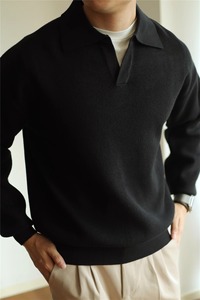 Vente en gros de chemise à col polo en tricot de cheveux personnalisés pour hommes, haut de pull respirant de base décontracté à manches longues pour hommes - Product Image 2