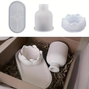 Set di 3 Stampi in Silicone per Resina Fai da Te Candelabro a Loto Vaso per Piante Grasse Stampo in Gesso e Cemento Vassoio Ovale Decorazione per la Casa - Product Image 3
