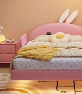 เตียงกระต่ายเจ้าหญิงสีชมพู โครงไม้เนื้อแข็ง หุ้มเบาะนุ่ม ไฟ LED พร้อมราวกั้น ห้องนอนเด็กผู้หญิงสไตล์โมเดิร์น - Product Image 6