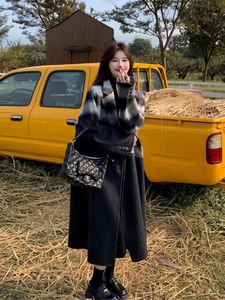Femmes 2025 automne hiver nouveau <span class=keywords><strong>manteau</strong></span> en <span class=keywords><strong>laine</strong></span> lambrissé à carreaux <span class=keywords><strong>noir</strong></span>-Trench surdimensionné mi-long élégant - Product Image 3