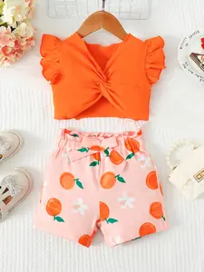 Baby Girl Clothes Sets Ruffle Sleeveless Lace-Up Top Bow Belt Shorts Printed Orange Pattern Summer