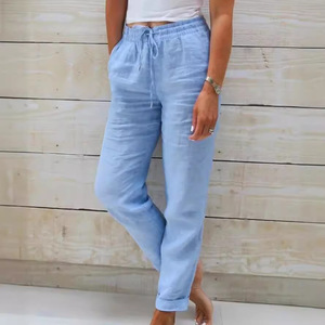 Nuevos <span class=keywords><strong>Pantalones</strong></span> Casuales de Otoño para <span class=keywords><strong>Mujer</strong></span>, Holgados, de Cintura Alta, Elástica, de Color Sólido, de Algodón y Lino, para <span class=keywords><strong>Wish</strong></span> - Product Image 4
