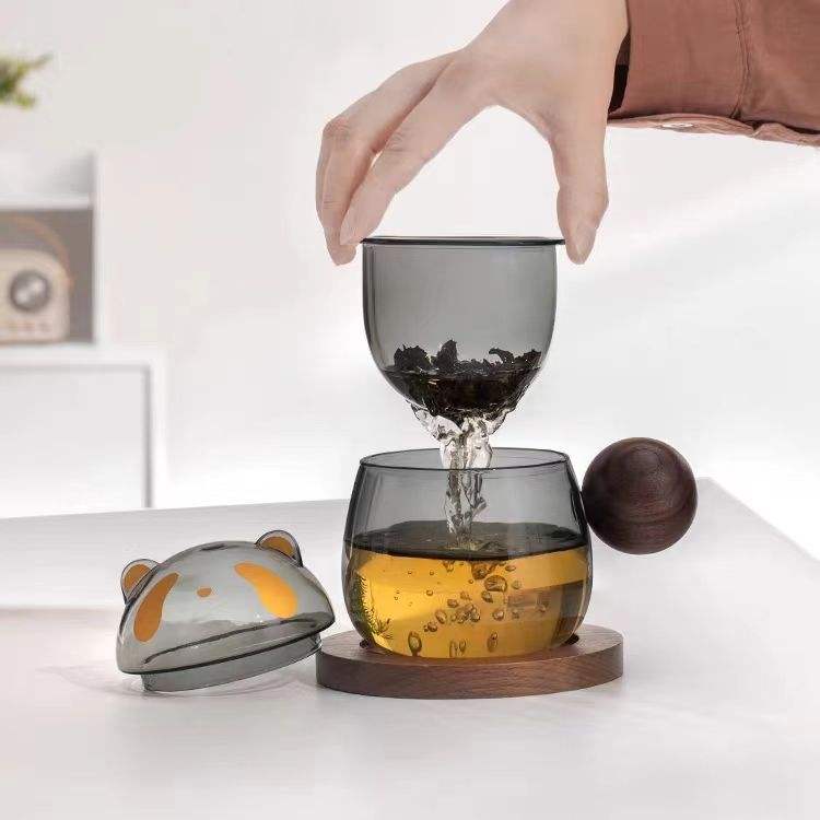 Panda-Shaped Glass Tea Mug Set with Wooden Handle & Coaster, Heat-Resistant for Home Kitchen Drinkware