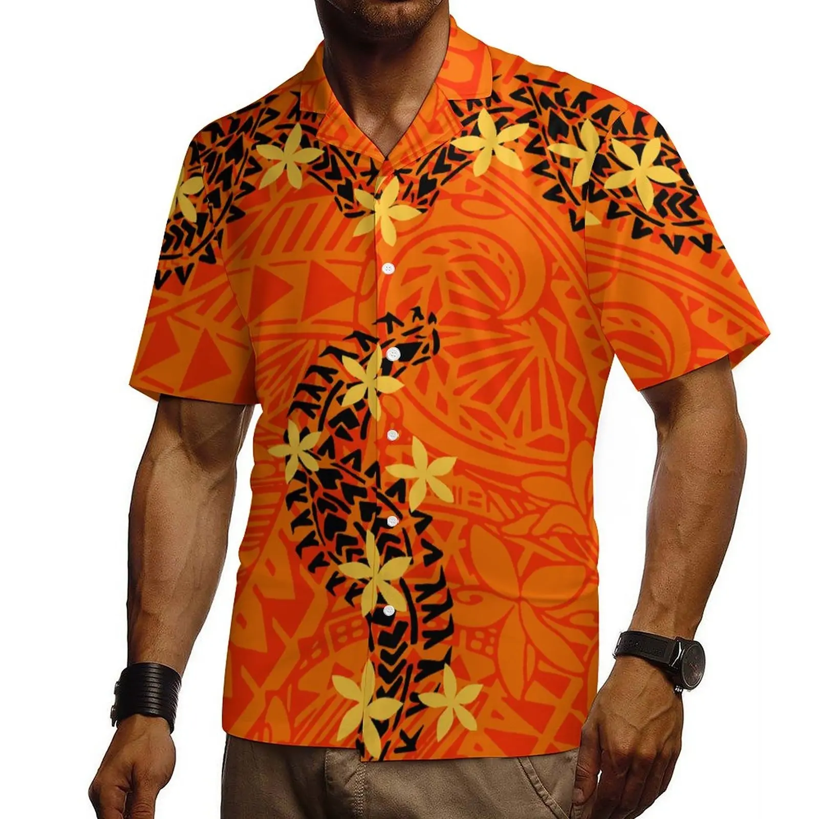 プルメリアプリントメンズシャツ人気のハワイカジュアルシャツ男性用アロハシャツ
