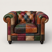 Canapé Chesterfield carré traditionnel en cuir véritable patchwork vintage, fait main, capitonné, une place, meubles de salon sur mesure