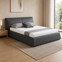 Lit contemporain en cuir anthracite, lit double minimaliste rembourré avec base trapézoïdale, mobilier de chambre principale au profil bas