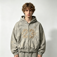 Hoodie Zipper Sun Faded Nomor 23 Star Detail Distressed Heavyweight Short Fit Vintage Wash Streetwear untuk Pria Pembelian Grosir