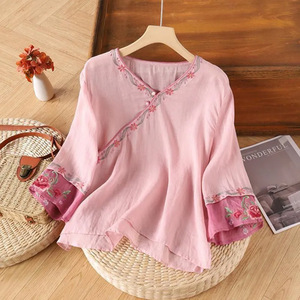 Women's Cotton Linen Blouse Asymmetric Embroidered Slanted Placket Breathable Loose Fit Summer Ethnic Style Short Sleeve - Product Image 4