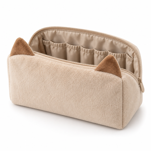Cute Portable <b>Makeup</b> Tool Organizer Triangle Ear Plush Pouch Zipper Elastic Brush Slots Oat Caramel Wash <b>Bag</b> Custom Logo Gift - Product Image 1