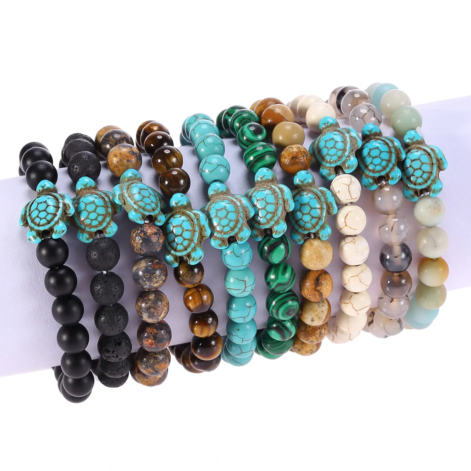 Mens 8mm Strand Beads Natural Turquoise Stone Bracelets Elastic Turquoise Beads Turtle Bracelet