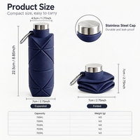 Bouteille d'eau pliable en silicone réutilisable, bouteille de sport pliable avec bouchon en acier inoxydable pour les voyages en plein air, le camping, OEM ODM
