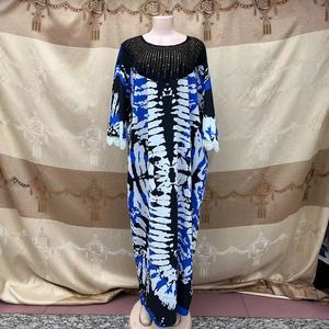Mujeres musulmanas elegante Tie Dye diamantes de imitación apliques manga larga encaje ajuste hasta el suelo Kaftan Abaya bata vestido - Product Image 4