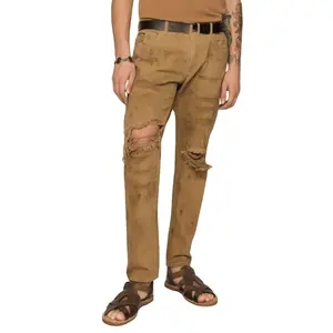 Custom 100% Cotton Men's Jeans Slim Cut Ripped Details Low Rise Light Brown Classic Five Pocket Modern Trendy Fashion for Men