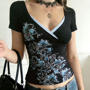 T-shirt d'été Y2K vintage à imprimé floral pour femme, col en V, décontracté, confortable, tricoté, respirant, anti-UV, écologique, tendance - Product Image 2