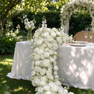 DKB Factory Wholesale White Silk Rose <b>Flower</b> Runner <b>Artificial</b> Floral Garland for Wedding Table Backdrop Decoration - Product Image 1