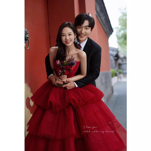 Wedding Dress Ball Gown Dark Red Tulle Sweetheart Neckline Empire Waistline Floor Length Style - Product Image 5