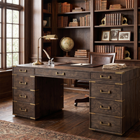 Bureau d'écriture RH Cayden en bois massif gris clair avec six tiroirs et compartiment ouvert, écologique, style vintage pour bureau à domicile