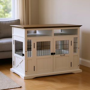 Mobilier pour chien PawHut, chenil en bois blanc à double porte avec rangement, pour chiens de petite à moyenne taille, style classique d'intérieur - Product Image 2