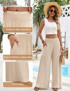 Pantaloni Larghi da <span class=keywords><strong>Donna</strong></span> in Cotone e <span class=keywords><strong>Lino</strong></span> a Vita Alta con Elastico e Coulisse, Vestibilità Ampia, Lunghezza Intera, con Tasche, per l'Estate e il Tempo Libero - Product Image 5
