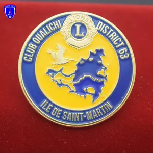 International Lion Club OUALICHI Lapel Kustom Pin Lembut Enamel Emas Plating Peta Eropa Emblem 2D Sampel Gratis Lencana Pin