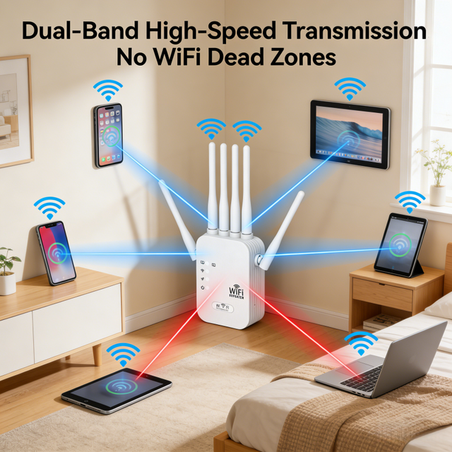 WiFi Repeater 300M 6 Antennas Full Coverage Anti-Interference Technology Smooth Gaming/Streaming Boost Amplifier