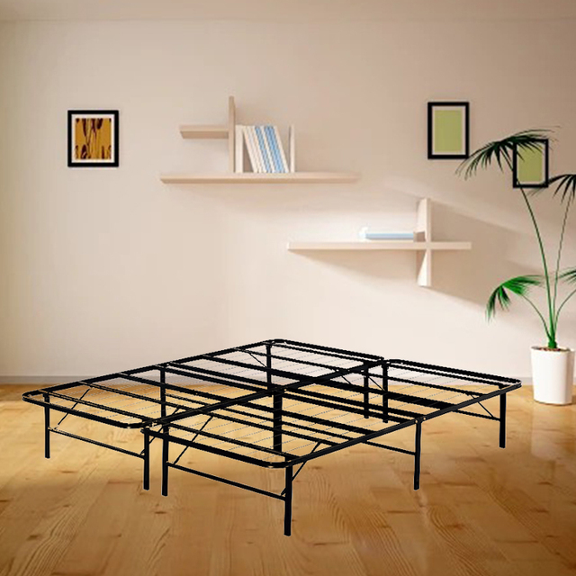 Bed Frame Iron Metal 14Inch Height  2 Step Set up Big Storage Space Easy to Store Leather Steel Metal Folding Bed Frame Base