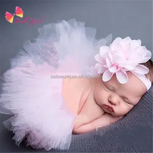 BELLEWORLD potret anak laki-laki perempuan, Gaun tutu ikat kepala bunga sifon elastis 2 potong, lucu 8 warna untuk bayi